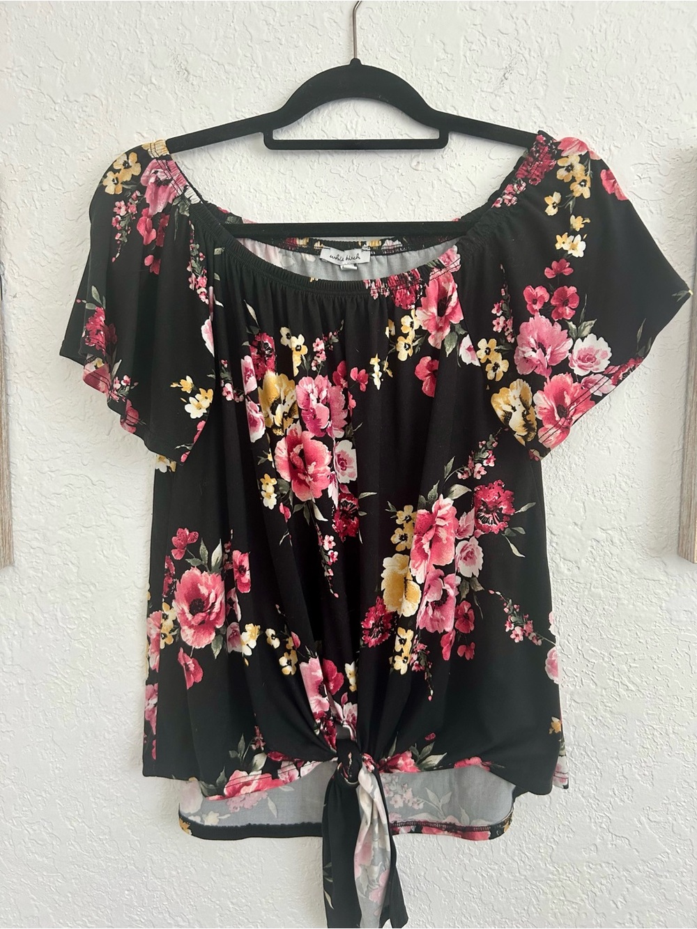 white birch Black Floral Tie-Front Blouse with Pink & Yellow Blooms